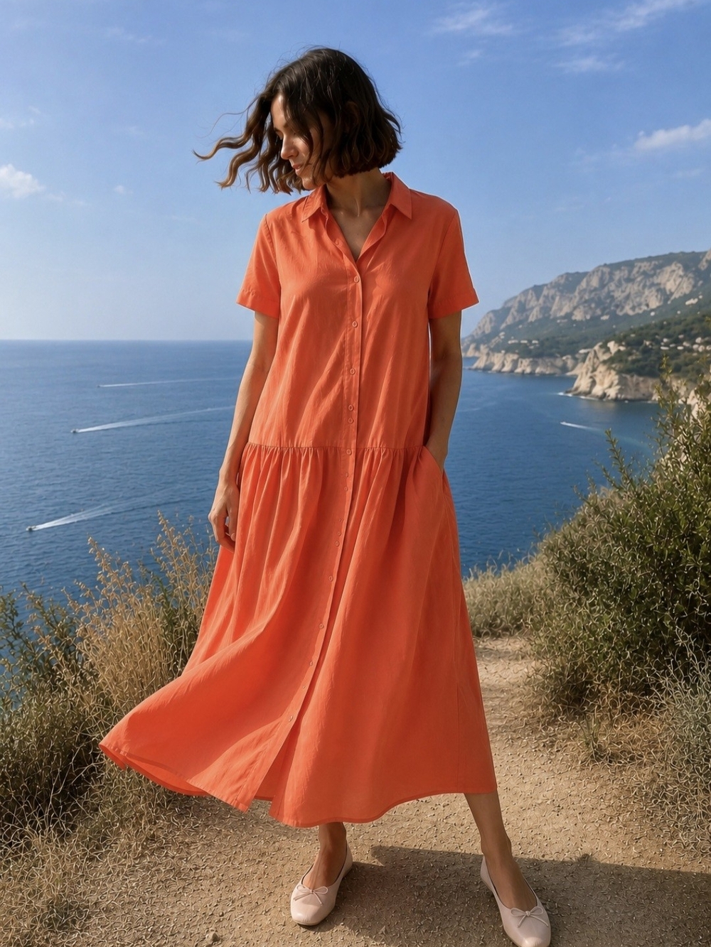 CALI BY CALI DREAMING DROP WAIST MAXI SHIRT DRESS CORAL ORANGE 100% COTTON M